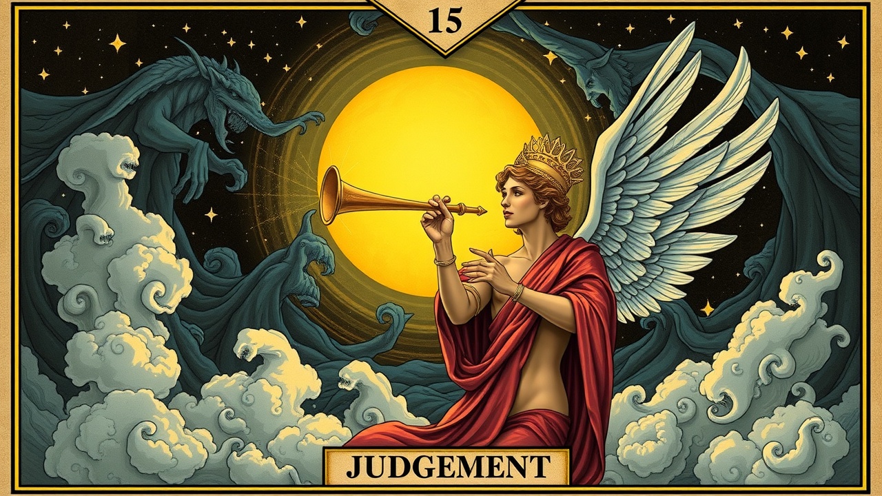 depicts the Judgement Tarot card, capturing the theme of rebirth and self-evaluation. angel blowing trumpet