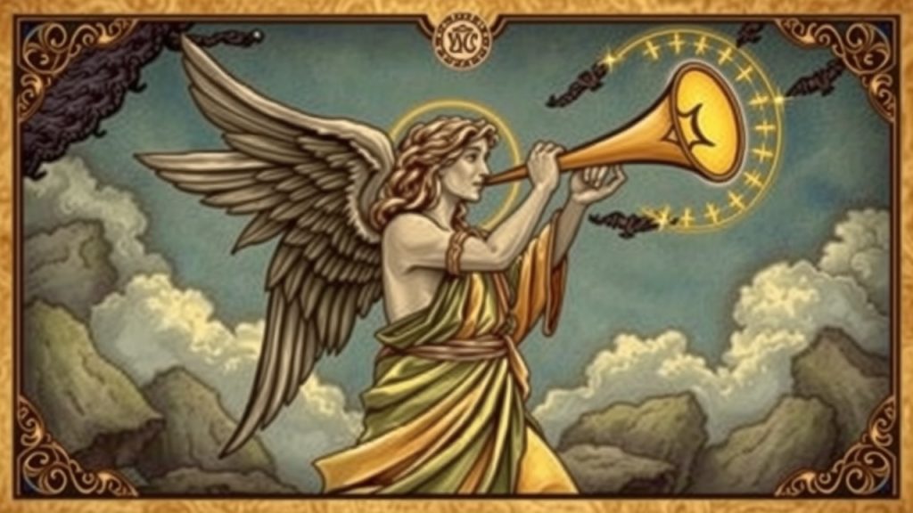 depicts the Judgement Tarot card, capturing the theme of rebirth and self-evaluation. angel blowing trumpet