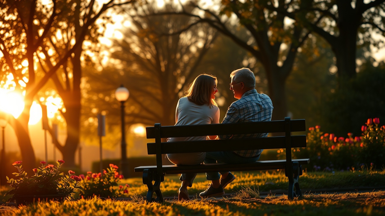 The couple is engaged in deep conversation, their body language indicating a strong connection and mutual understanding. The setting is serene, with trees and flowers in bloom, creating a peaceful and romantic atmosphere. The perspective should capture the intimacy of the moment, with the focus on the couple and the surrounding nature adding to the sense of harmony and compatibility.