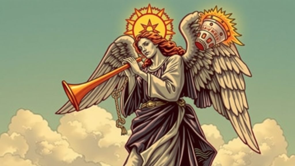 depicts the Judgement Tarot card, capturing the theme of rebirth and self-evaluation. angel blowing trumpet