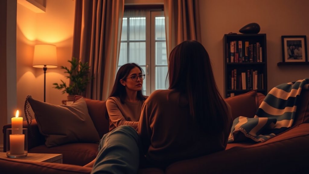 The scene is set in a cozy, dimly lit living room with warm, soft lighting that creates a sense of intimacy. The perspective is from the point of view of someone sitting on a comfortable couch, looking out at a couple engaged in a deep conversation. The couple is positioned close to each other, with body language that conveys both trust and a hint of jealousy. The setting includes subtle details such as a flickering candle, a bookshelf filled with love and relationship readings, and perhaps a framed photograph of the couple together. The overall mood of the image should evoke feelings of vulnerability, understanding, and the complexities of love. The lighting should cast soft shadows on the walls and create a warm, inviting atmosphere. The perspective should capture the intimacy of the moment while also allowing for a glimpse of the surrounding space to provide context for the viewer. The setting should feel lived-in and personal, with details that reflect the couple's shared history and interests.