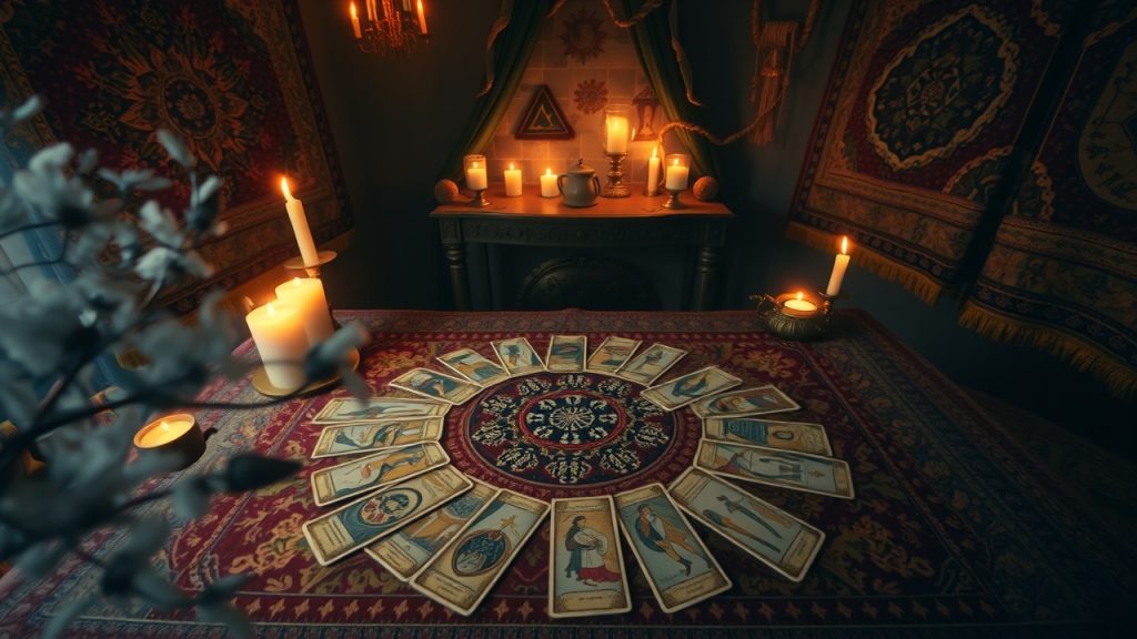 The perspective should be from a bird's eye view, looking down on a table adorned with a richly patterned cloth and an array of tarot cards spread out in an intricate pattern. The setting should evoke a sense of ancient wisdom and spiritual power, with candles flickering in the background and incense wafting through the air. The image should convey the idea of using the tarot to establish stronger personal boundaries, with the cards serving as a tool for self-reflection and empowerment. The overall mood should be one of introspection and inner strength, with a hint of mystery and magic. The scene should be set in a dimly lit room with ornate tapestries adorning the walls, creating an atmosphere of mystique and enchantment. The soft lighting should create gentle shadows, adding to the sense of depth and mystery in the image. The perspective from above should give the viewer a sense of being an observer of this sacred ritual, allowing them to take in the entire scene and appreciate its intricate details.