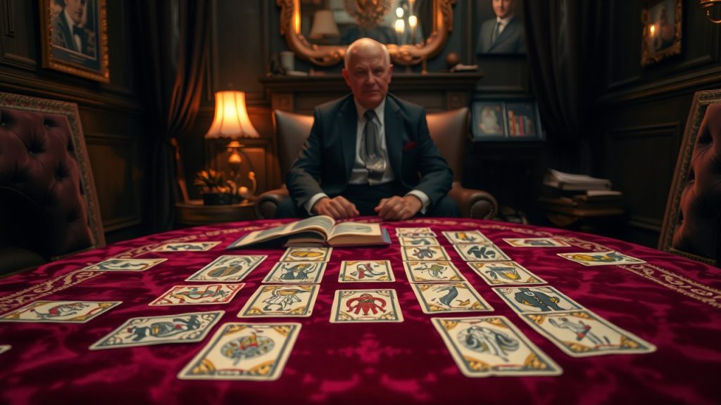 Step into a cozy, dimly lit room with rich, warm tones and soft, ambient lighting. A table is set with a velvet cloth and adorned with an array of tarot cards, each intricately designed and full of symbolism. The perspective is from the viewpoint of someone sitting across from the tarot reader, with the cards spread out in front of them. The setting exudes a sense of comfort and tranquility, with plush chairs and perhaps a crackling fireplace in the background. The tarot reader, dressed in elegant attire, exudes an air of wisdom and confidence as they guide the client through the process of using tarot cards for retirement planning. The scene captures the power and mystique of tarot while also conveying a sense of practicality and financial security.
