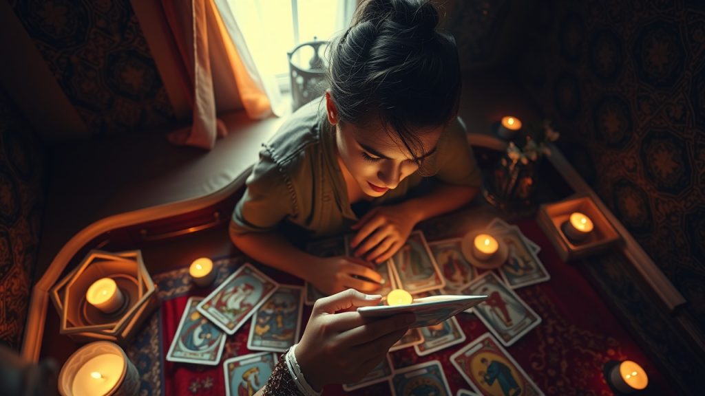 The perspective should be from above, looking down on the individual as they study the cards, creating a sense of intimacy and introspection. The setting should be a dimly lit room with rich, warm colors and intricate patterns adorning the walls and furnishings. The atmosphere should evoke a sense of mystery and intrigue, with hints of romance and deep connection. The tarot cards should be arranged in a way that suggests the unlocking of secrets and the exploration of profound emotional connections. The overall mood of the image should be one of contemplation and discovery, inviting the viewer to delve into the enigmatic world of love chemistry and tarot.