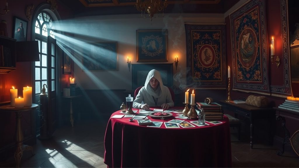 Imagine a dimly lit room with flickering candlelight casting shadows on the walls. A fortune teller sits at a table covered in velvet cloth, surrounded by an array of tarot cards and mystical objects. The perspective is from the point of view of someone entering the room, creating a sense of intrigue and anticipation. The setting is rich with details, such as ornate tapestries hanging on the walls and incense smoke lingering in the air. The scene captures the essence of innovation and creativity in the world of tarot, inviting viewers to explore unconventional career paths in this ancient art form.
